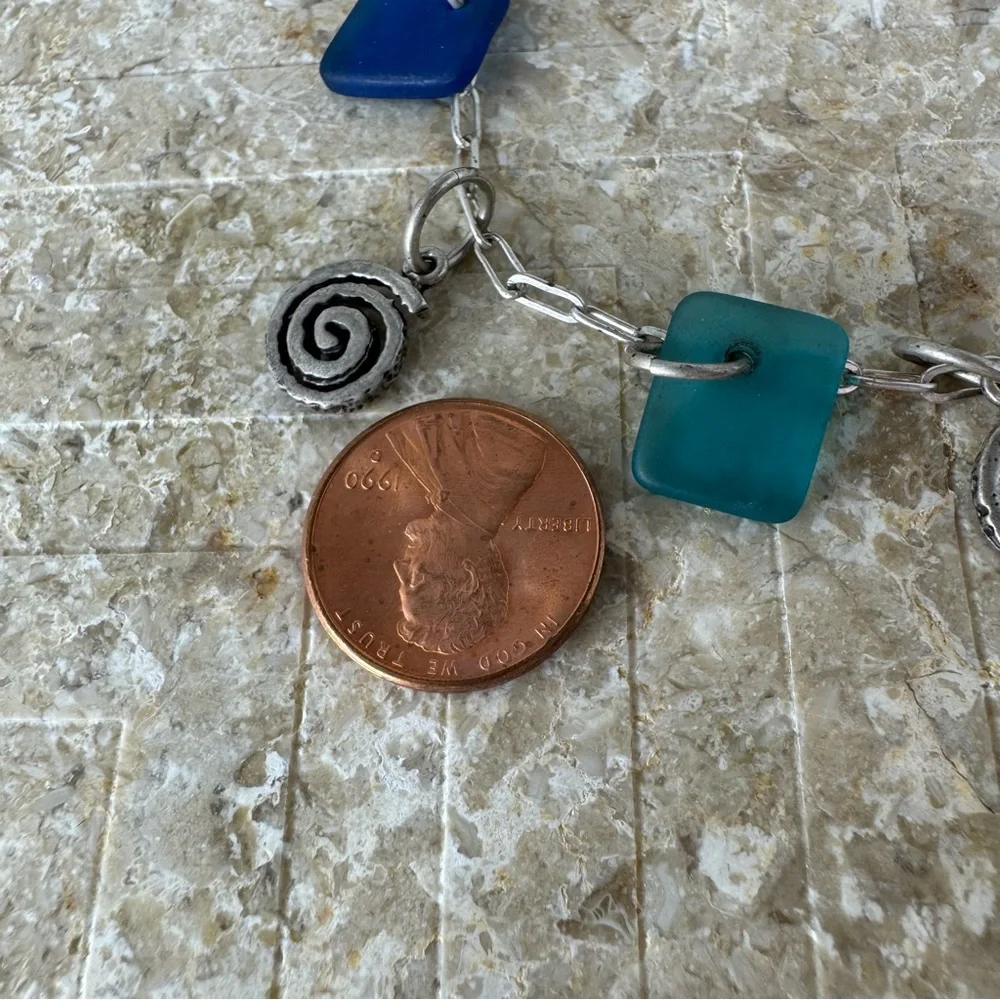 925 Whimsical Silver link Charm Bracelet with Blue and Green Sea Glass size 7